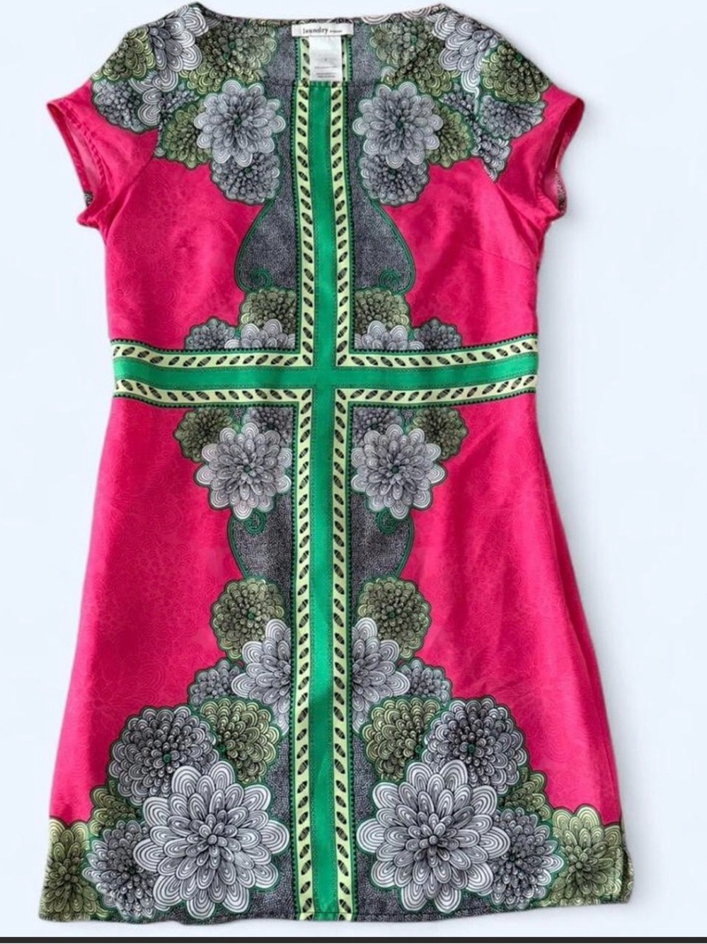 Laundry Vibrant Pink Floral Green Panel Shift Dress